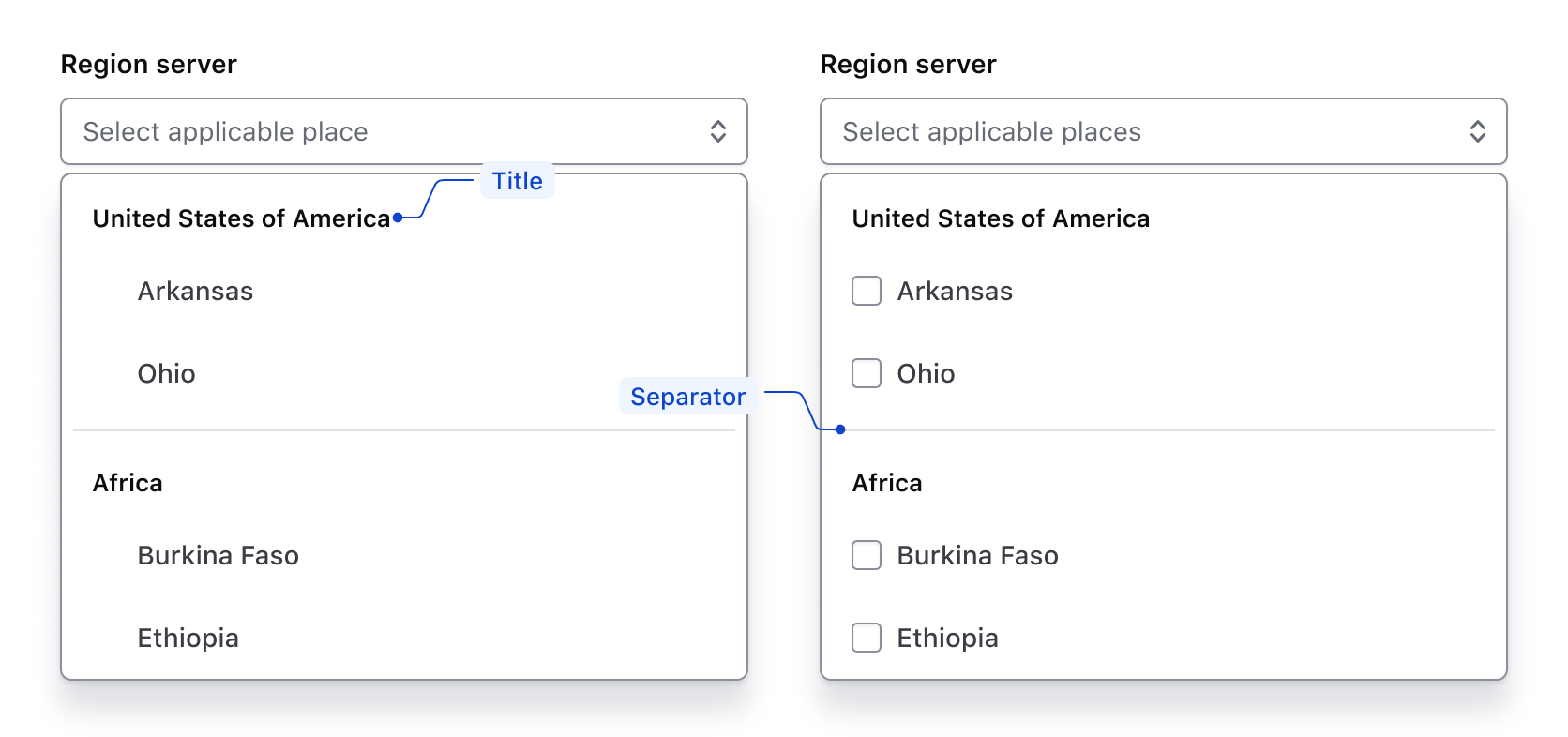 Groups of list items represented in both Single and Multiple components